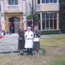 Claire and me dressed as old ladies with Jackie Wright for Benny Hill chase sequence.